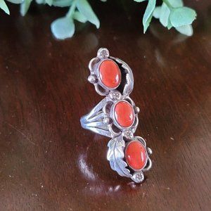 Vintage Sterling Silver Mediterranean Coral Native American Old Pawn Ring Sz 5.5